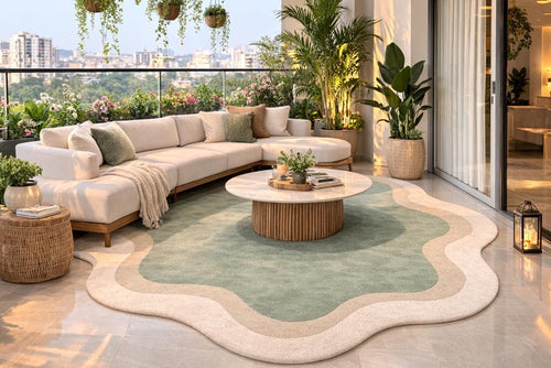 Geometric Area Rug, Blue and Mustard, Modern Abstract Carpet